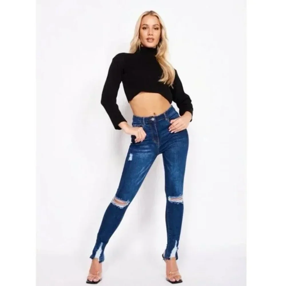 Blue High Waist Ripped Distressed Split Hem Skinny Jeans Denim Pants - Picture 2 of 13
